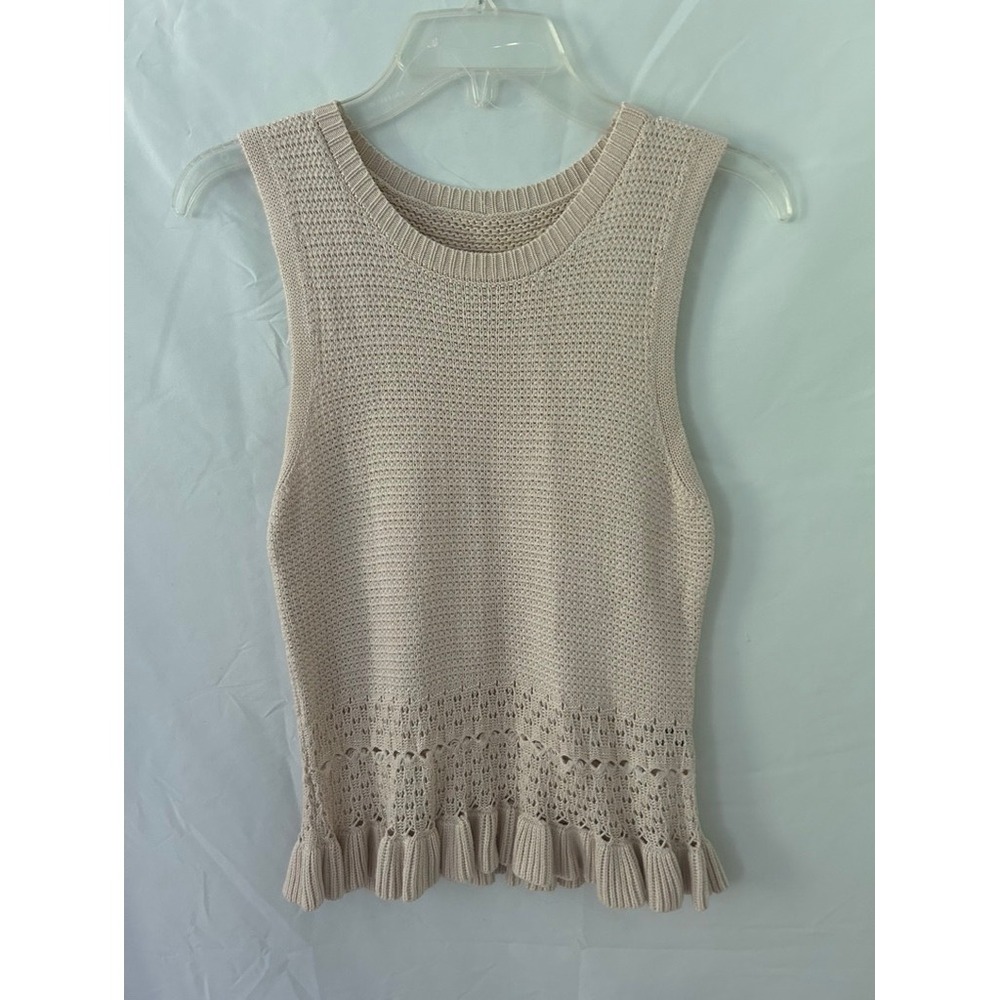 CICI Cream Knit Sleeveless Peplum Tank Top Ruffle Hem Pointelle Sweater Small